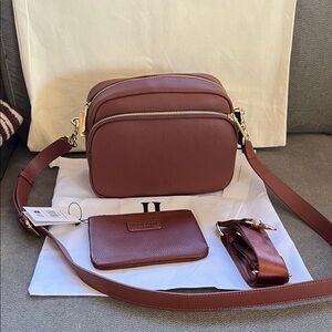 JLR London Tan Chelsea Maxi Luxe Leather Bag with Pom Pom London coin purse